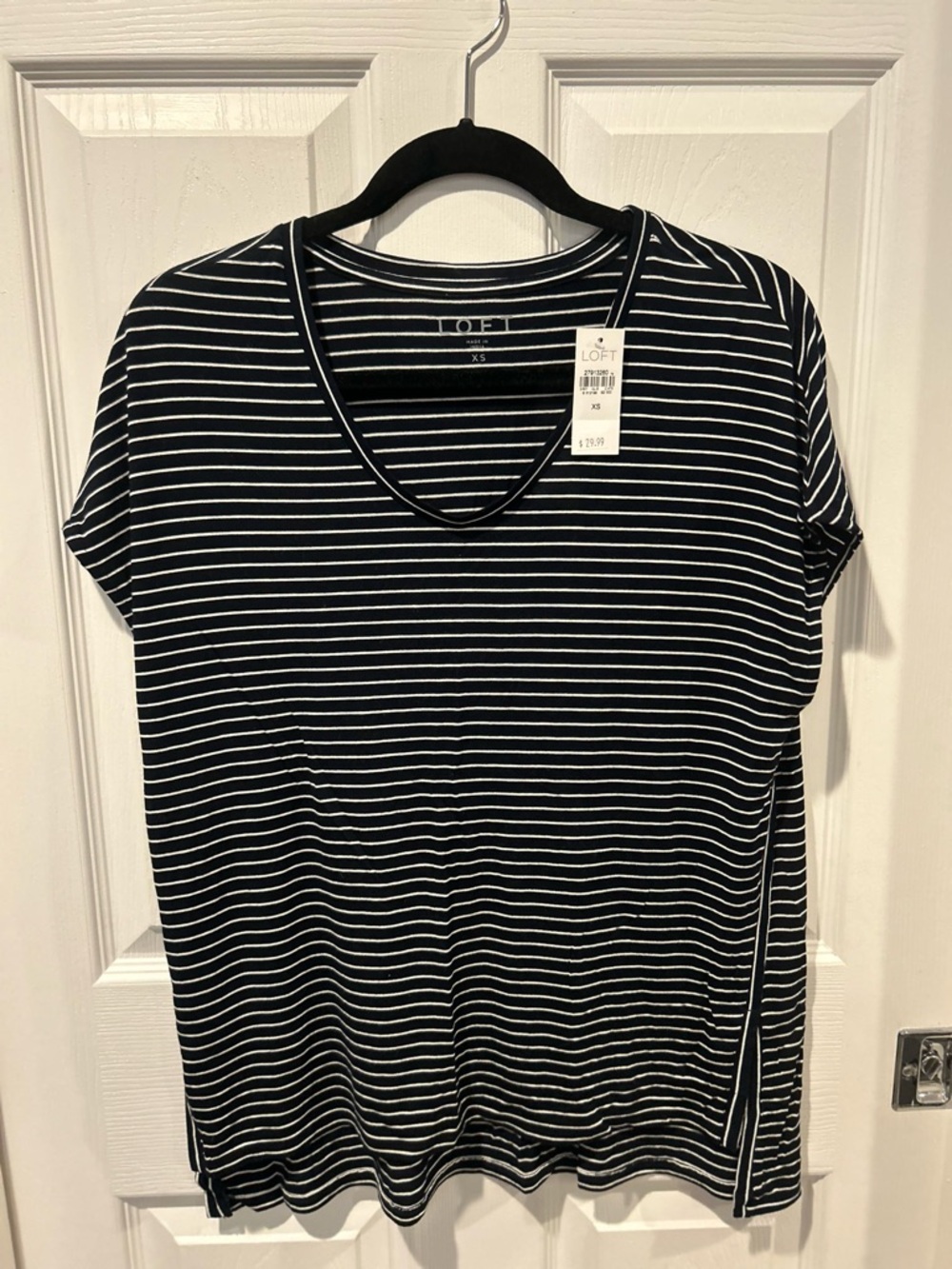 LOFT Black and White Striped V-Neck Oversized Short Sleeve Tee